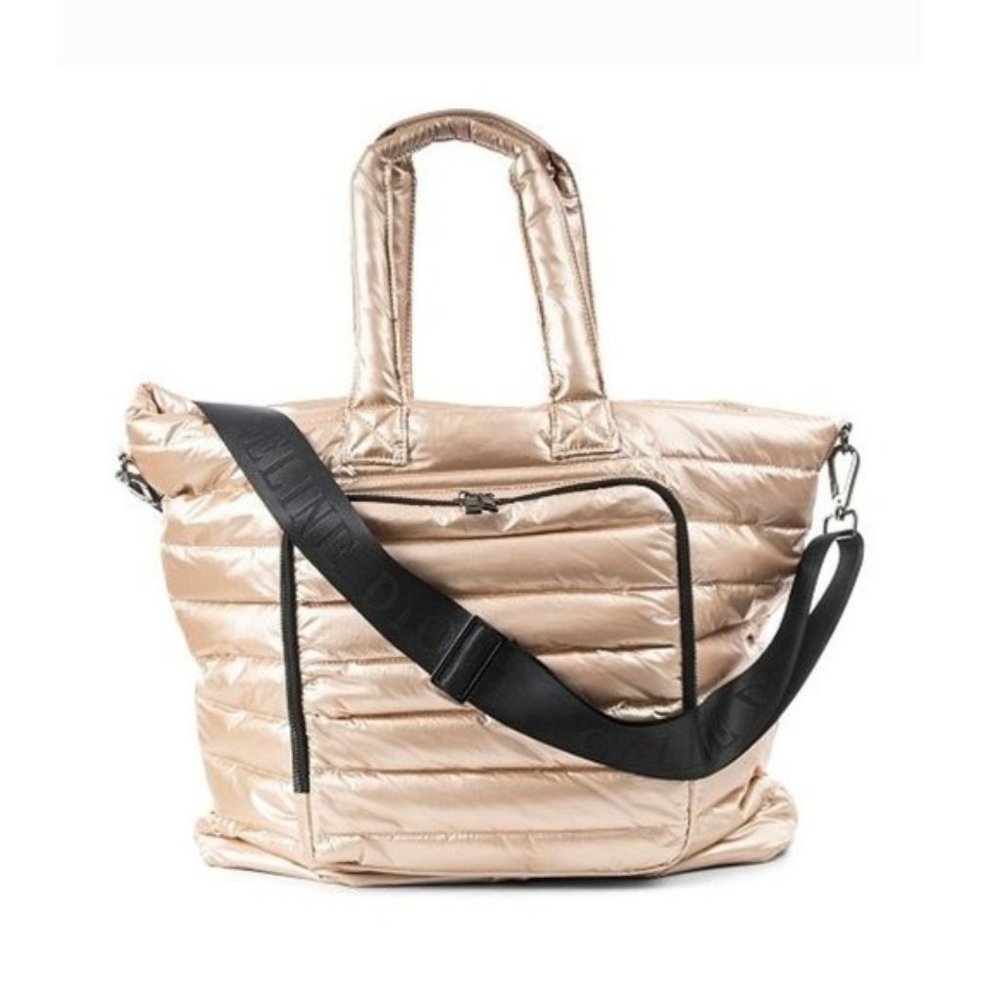 Metallic Rose Gold Quilted Shoulder Bag with Black Strap